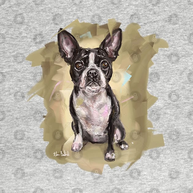 Contemporary Painting of a Cute Boston Terrier on a Beige Background by ibadishi